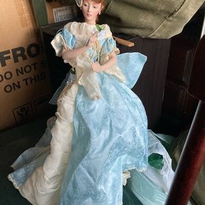 Victorian Porcelain Blue Satin and Lace Gown Doll 13 inch high
